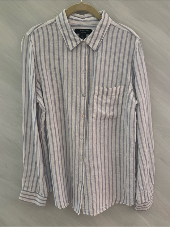 Tahari Tops - Tahari L Light Blue/White Striped 100% Linen L/S Button Up Shirt Coastal Beachy